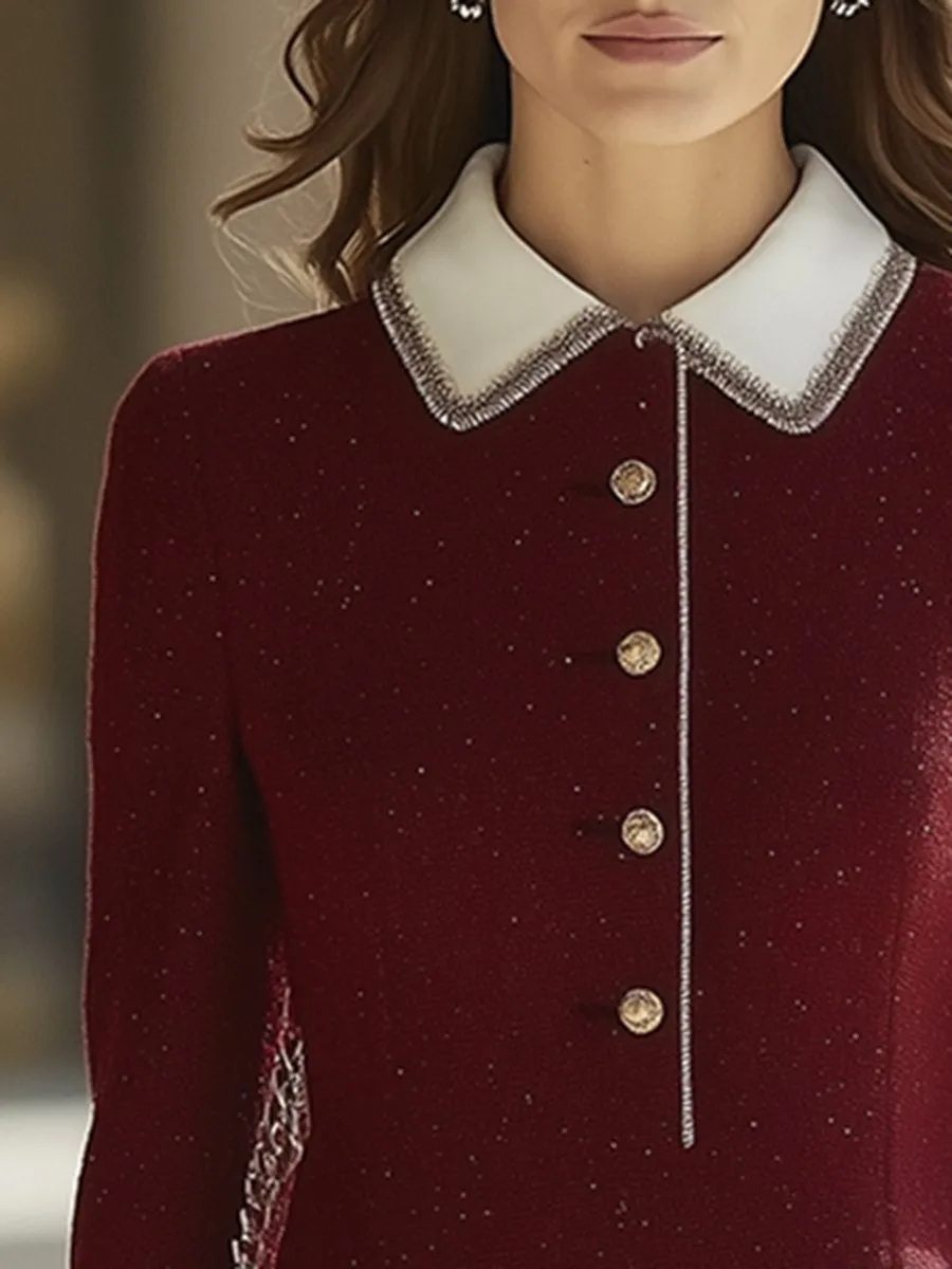 【24-hour shipping out】High-End Retro Luxury Contrast Hem Lapel Dress sold by Oyrosy product image thumbnail 3