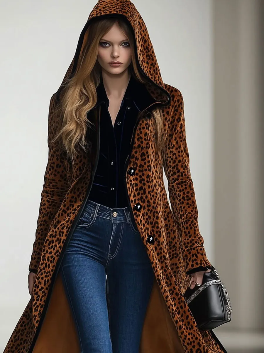 【24-hour shipping out】Casual Loose Vintage Velvet Leopard Print Black Trim Hooded Long Coat sold by Oyrosy product image thumbnail 2