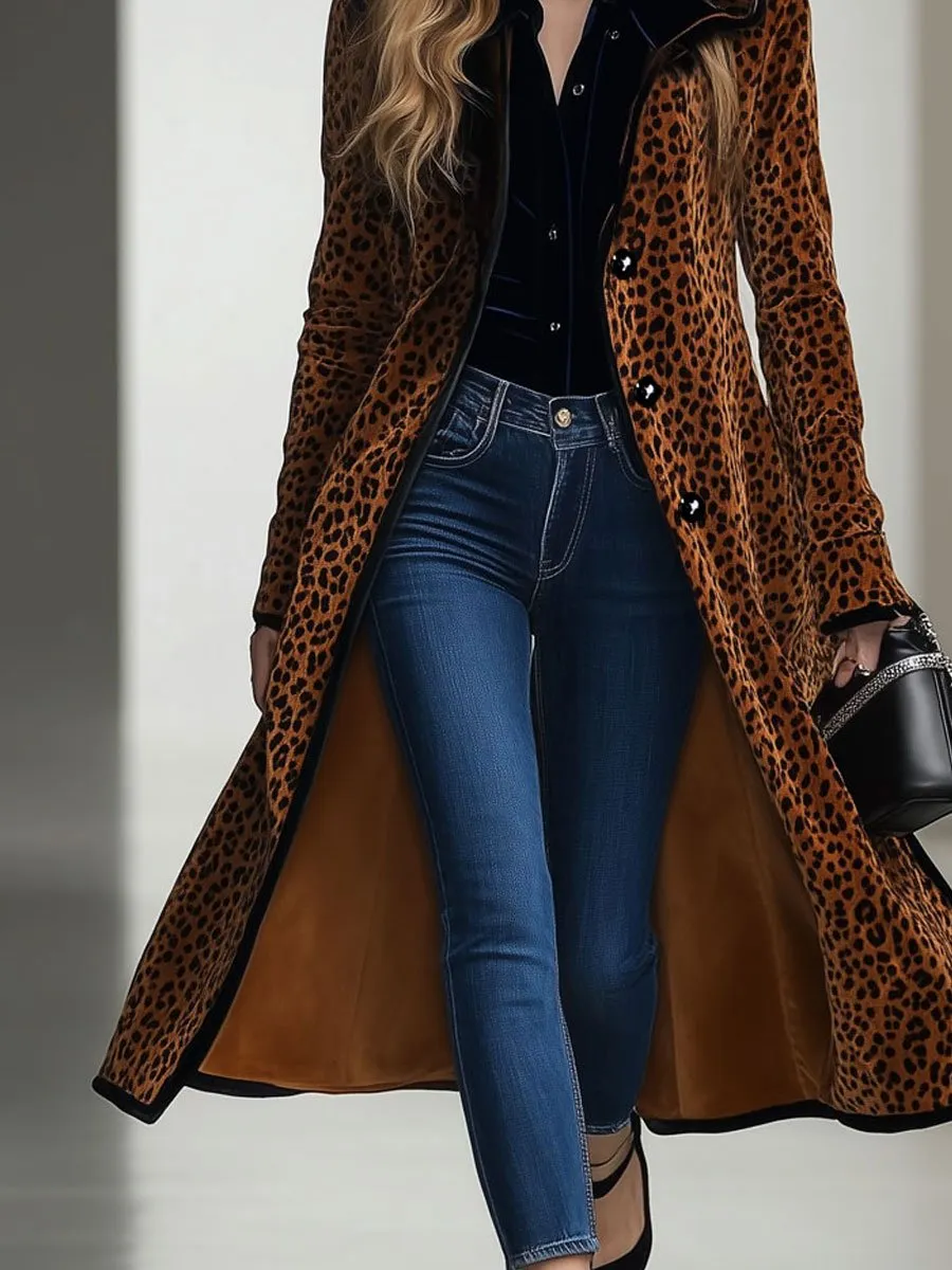 【24-hour shipping out】Casual Loose Vintage Velvet Leopard Print Black Trim Hooded Long Coat sold by Oyrosy product image thumbnail 3