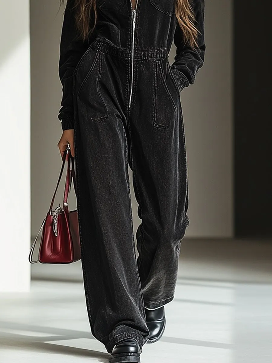 【24-hour shipping out】Casual Loose Vintage Denim Elastic Waist Zipper Hooded Jumpsuit sold by Oyrosy product image thumbnail 3