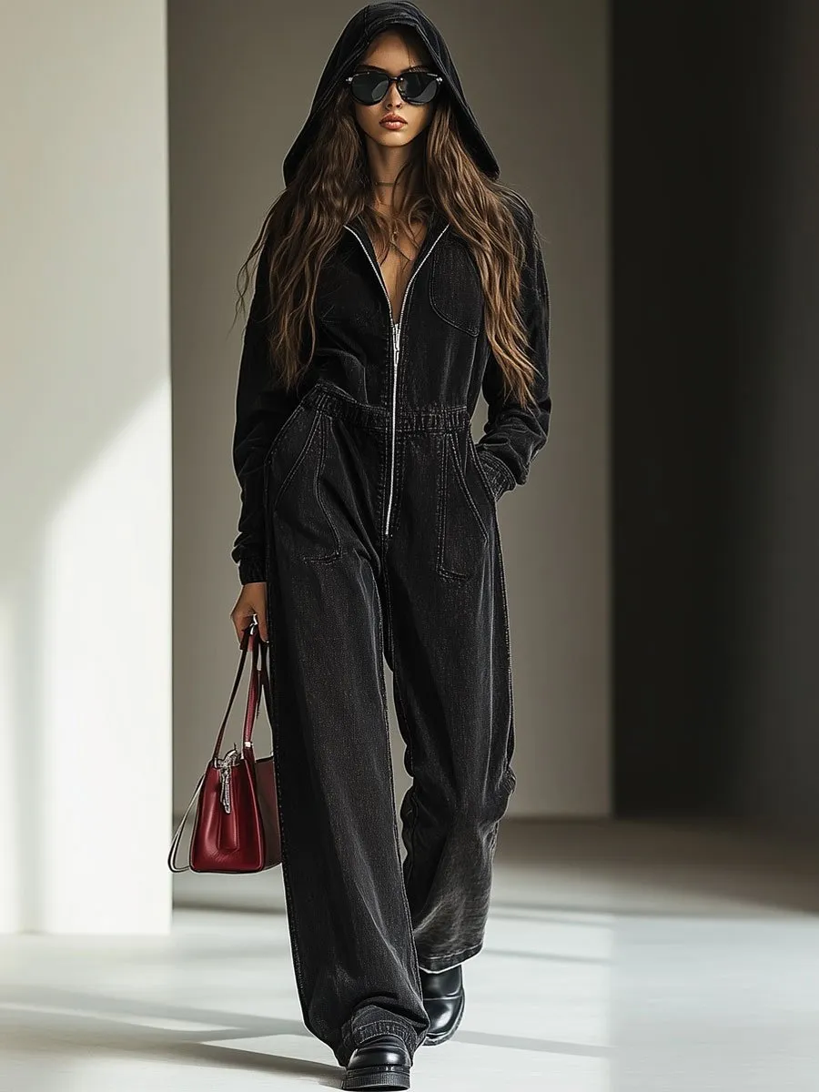 【24-hour shipping out】Casual Loose Vintage Denim Elastic Waist Zipper Hooded Jumpsuit sold by Oyrosy