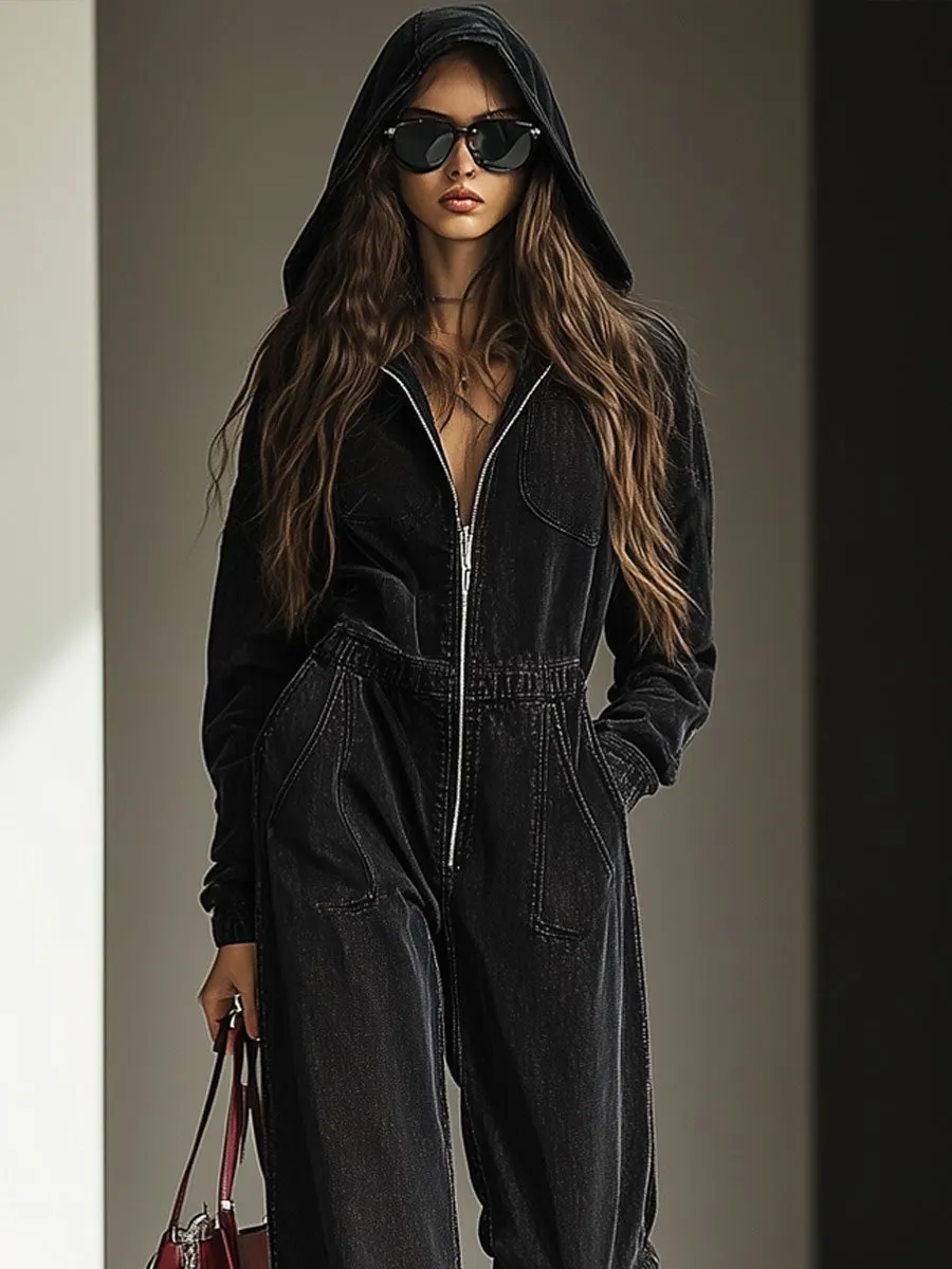 【24-hour shipping out】Casual Loose Vintage Denim Elastic Waist Zipper Hooded Jumpsuit sold by Oyrosy product image thumbnail 2