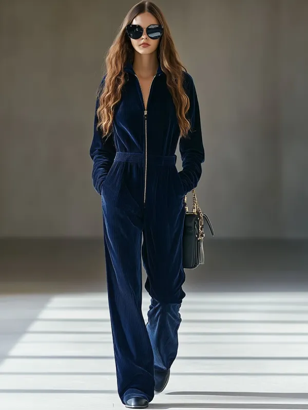 【24-hour shipping out】Casual Loose Vintage Corduroy Elastic Waist Zipper Jumpsuit sold by Oyrosy