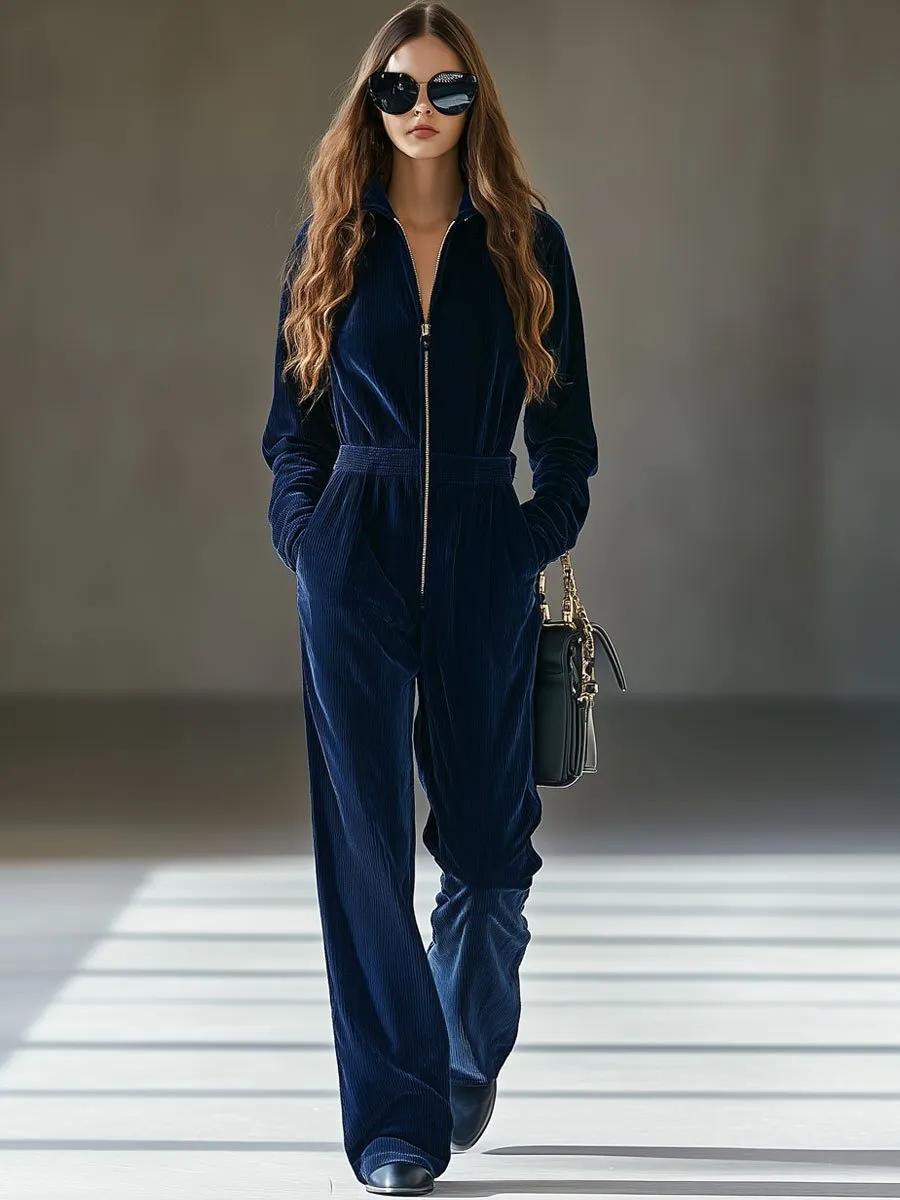 【24-hour shipping out】Casual Loose Vintage Corduroy Elastic Waist Zipper Jumpsuit sold by Oyrosy