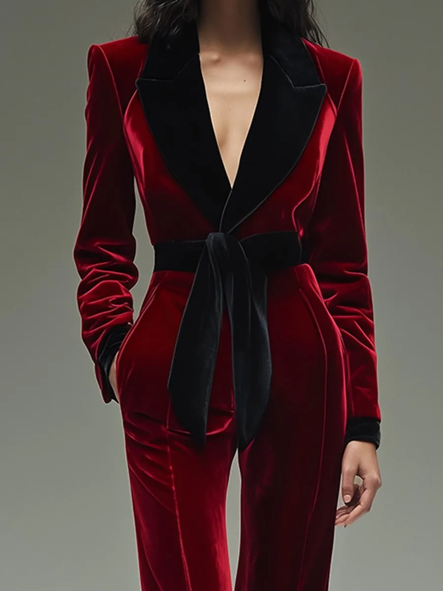 【24-hour shipping out】Retro Fashion Lapel Belt Different Color Velvet Stitching Jumpsuit sold by Oyrosy product image thumbnail 2