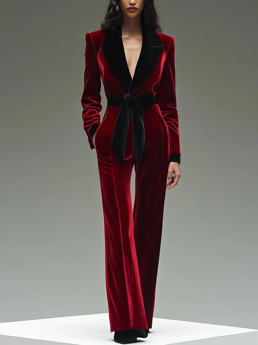 【24-hour shipping out】Retro Fashion Lapel Belt Different Color Velvet Stitching Jumpsuit sold by Oyrosy