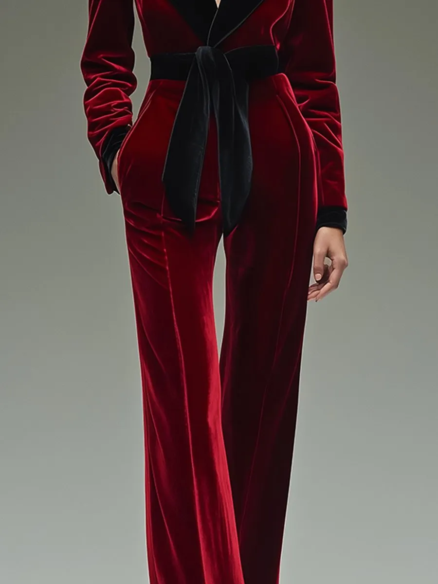 【24-hour shipping out】Retro Fashion Lapel Belt Different Color Velvet Stitching Jumpsuit sold by Oyrosy product image thumbnail 3