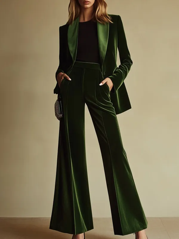 High-End Temperament Loose Retro Green Velvet Suit sold by Oyrosy