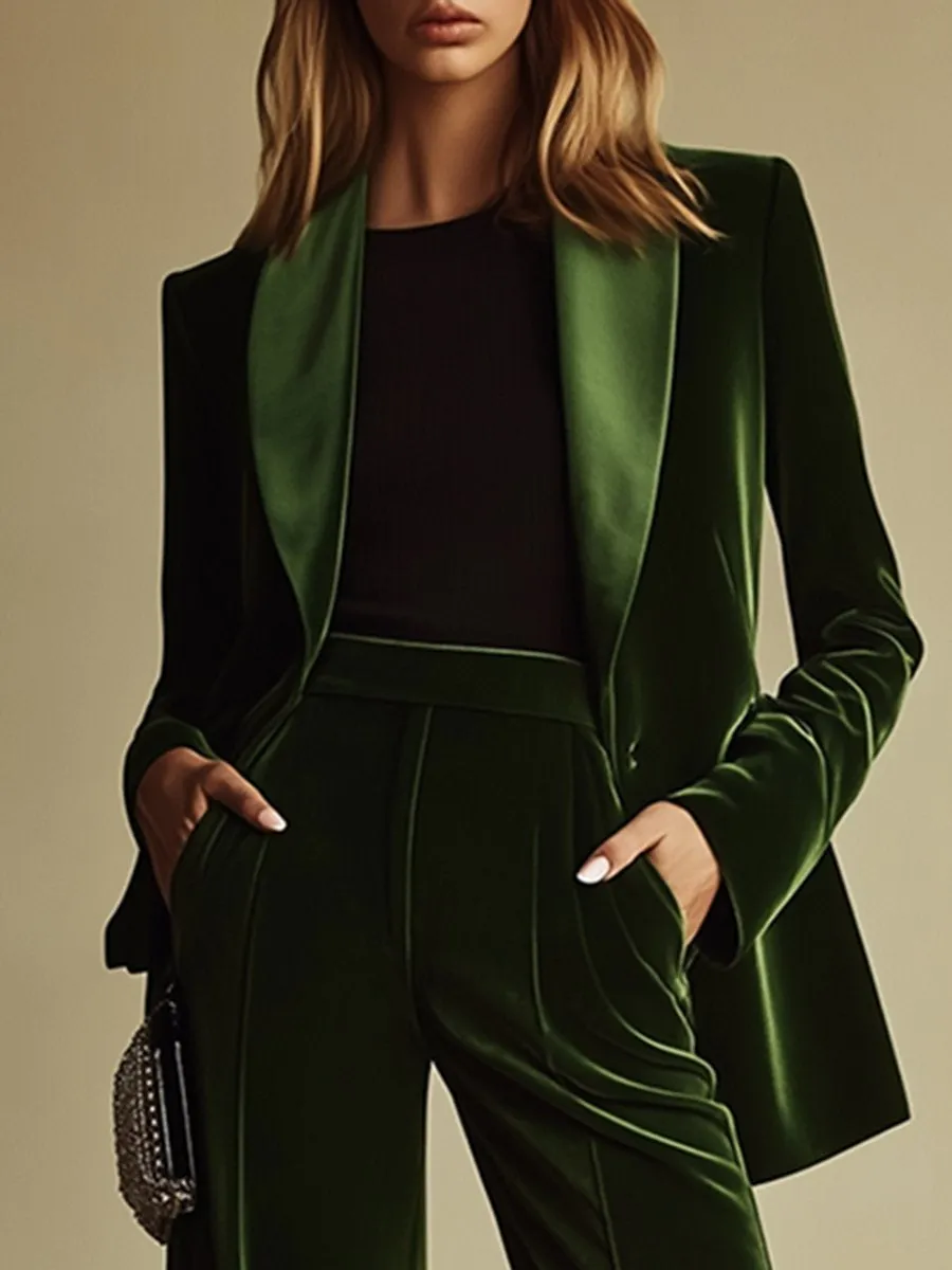 High-End Temperament Loose Retro Green Velvet Suit sold by Oyrosy product image thumbnail 4