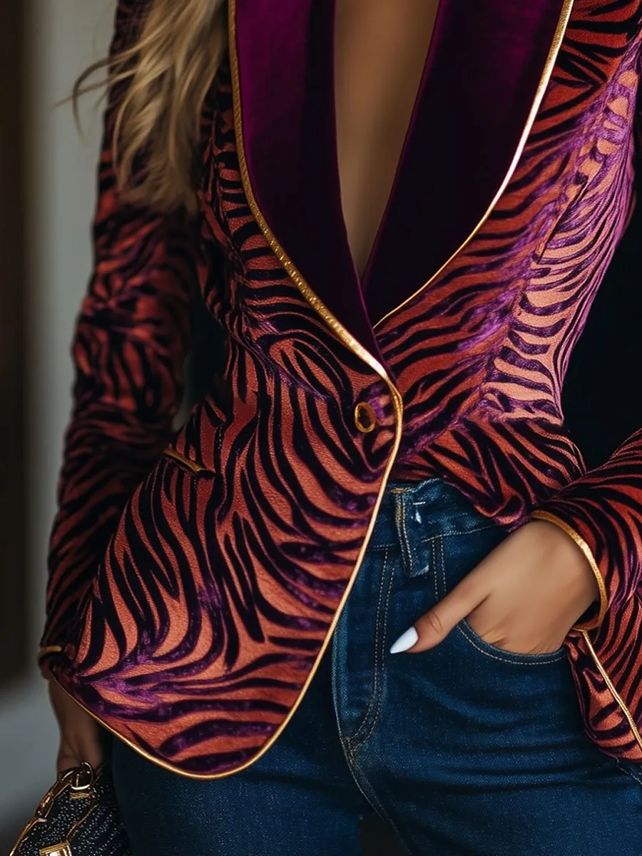 Casual Loose Vintage Velvet Zebra Pattern Gold Wire Striped Lapel Pocket Blazer sold by Oyrosy product image thumbnail 3