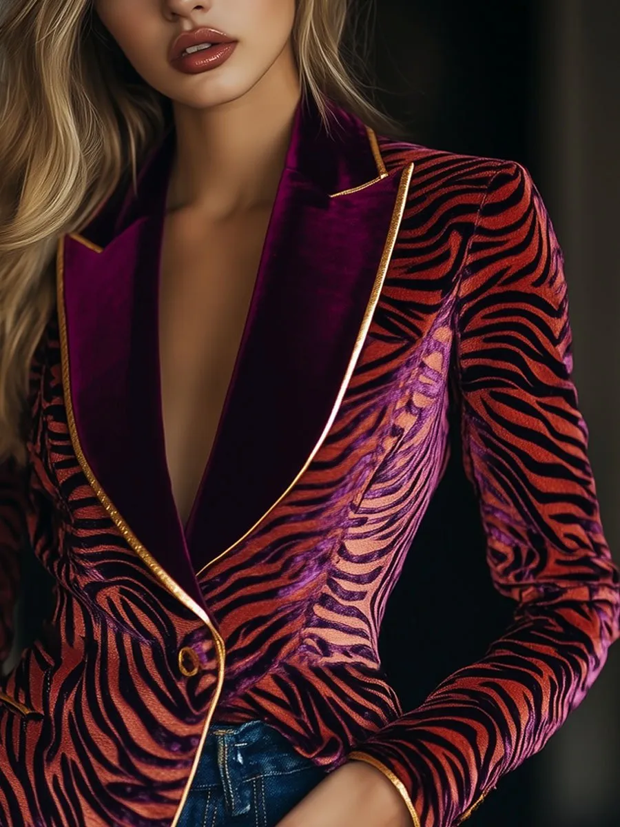 Casual Loose Vintage Velvet Zebra Pattern Gold Wire Striped Lapel Pocket Blazer sold by Oyrosy product image thumbnail 2