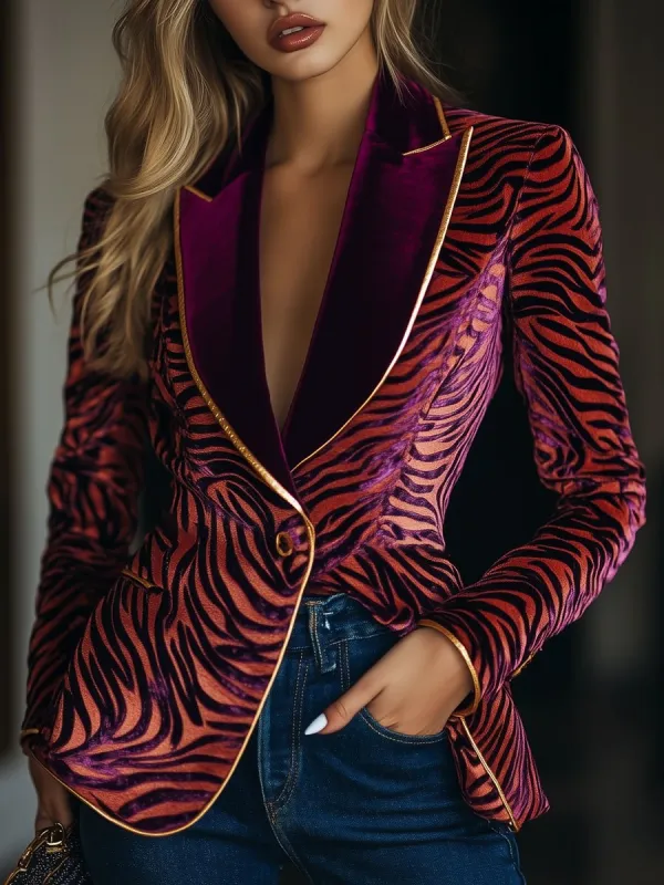 Casual Loose Vintage Velvet Zebra Pattern Gold Wire Striped Lapel Pocket Blazer sold by Oyrosy