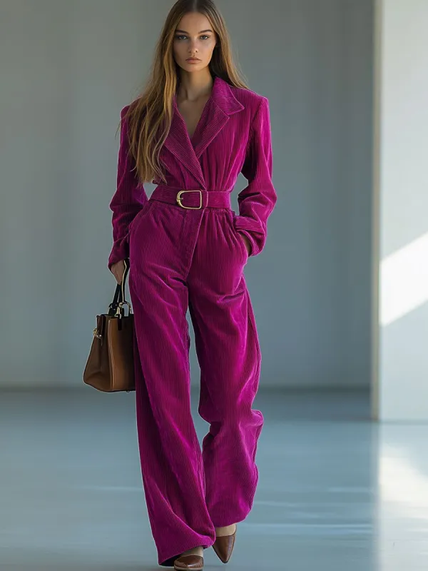 Casual Loose Retro Solid Color Corduroy Lapel Tie Long Sleeve Jumpsuit sold by Oyrosy