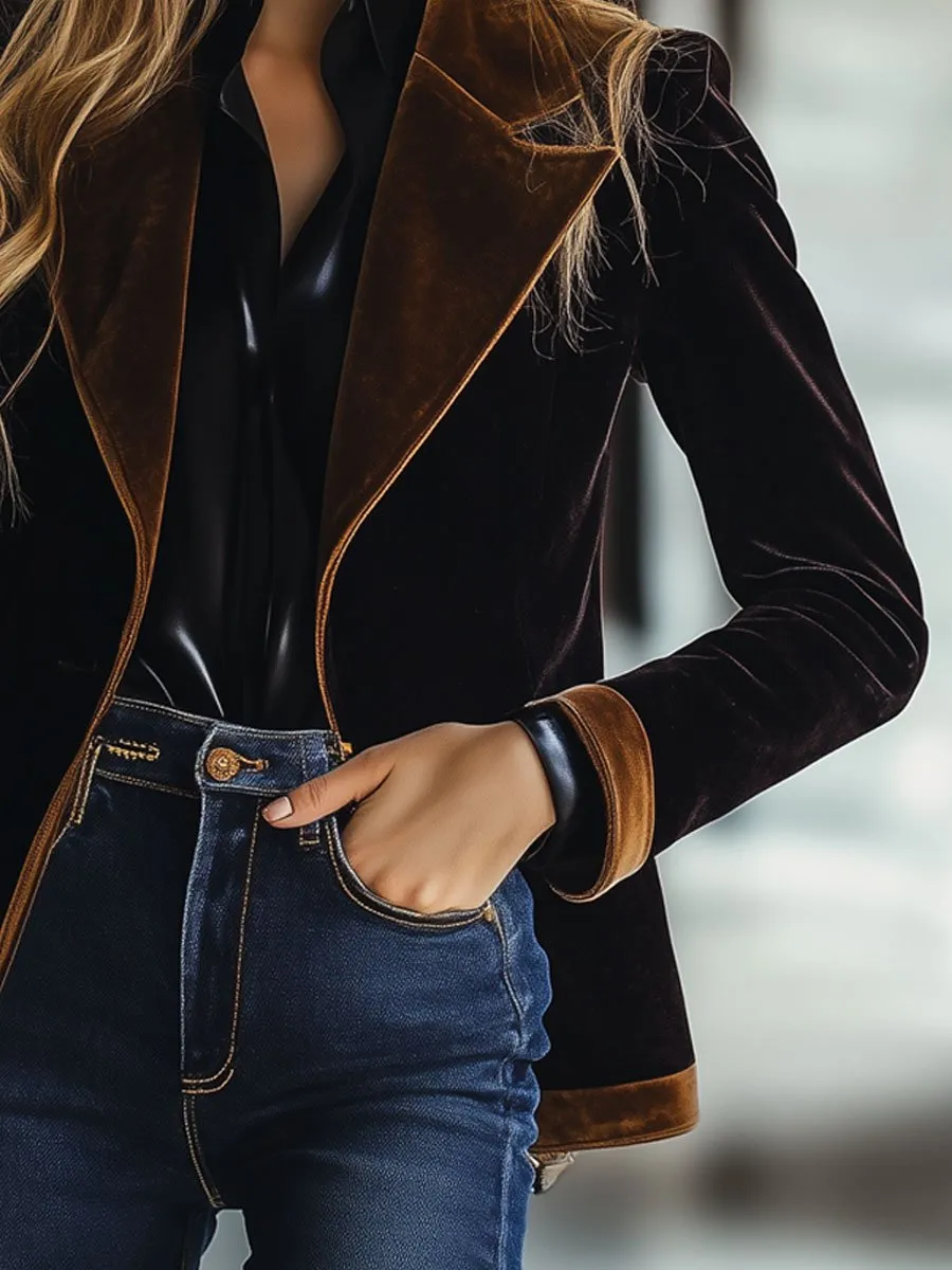 【24-hour shipping out】Casual Loose Vintage Velvet Colorblock Lapel Pocket Blazer sold by Oyrosy product image thumbnail 4