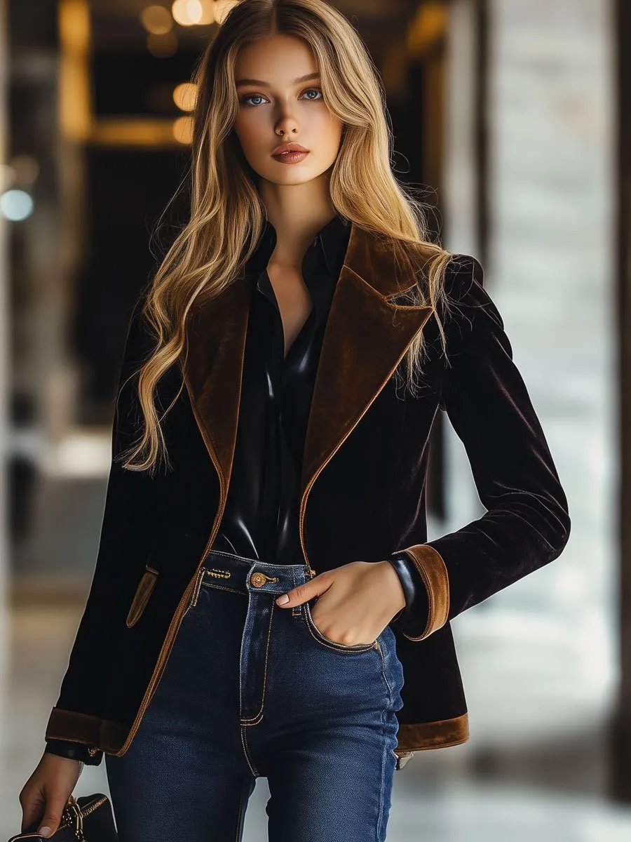 【24-hour shipping out】Casual Loose Vintage Velvet Colorblock Lapel Pocket Blazer sold by Oyrosy product image thumbnail 2