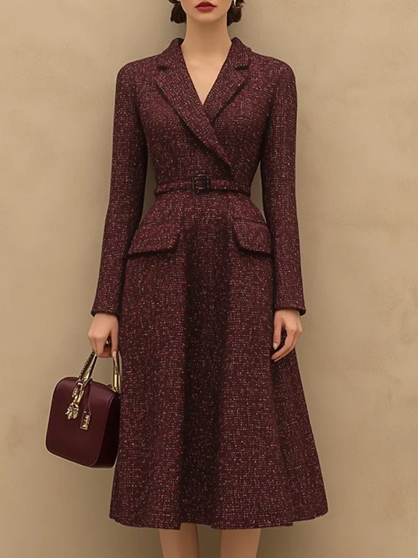 【24-hour shipping out】Vintage Elegant Ankola Red Tweed Lapel Dress sold by Oyrosy