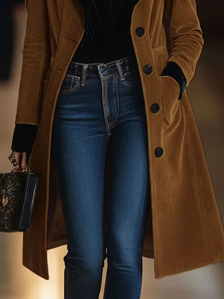 【24-hour shipping out】Casual Loose Vintage Caramel Suede Black Lapel Single Breasted Coat sold by Oyrosy product image thumbnail 5