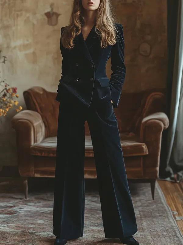 【24-hour shipping out】Retro Fashion Navy Lapel Corduroy Double-breasted Blazer and Wide-leg Pants Two-piece Set sold by Oyrosy