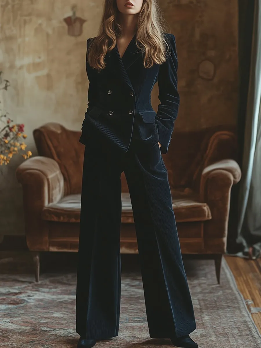 【24-hour shipping out】Retro Fashion Navy Lapel Corduroy Double-breasted Blazer and Wide-leg Pants Two-piece Set sold by Oyrosy