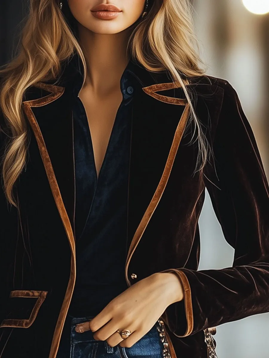 Casual Loose Vintage Velvet Colorblock Striped Pocket Blazer sold by Oyrosy product image thumbnail 3