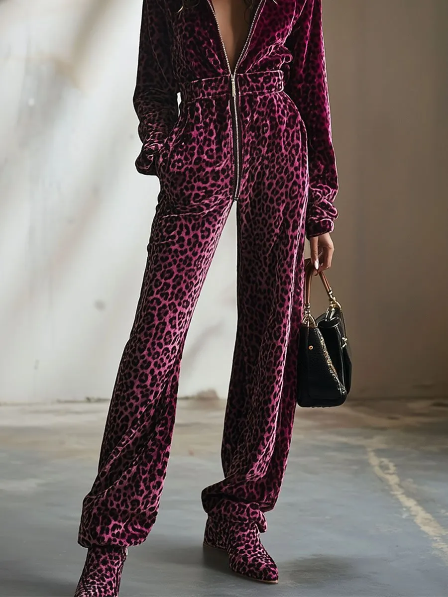 【24-hour shipping out】Casual Retro Purple Velvet Leopard Print Elastic Waist Zipper Hooded Jumpsuit sold by Oyrosy product image thumbnail 3