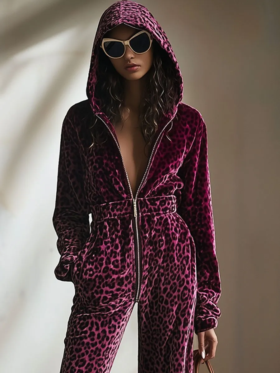 【24-hour shipping out】Casual Retro Purple Velvet Leopard Print Elastic Waist Zipper Hooded Jumpsuit sold by Oyrosy product image thumbnail 2