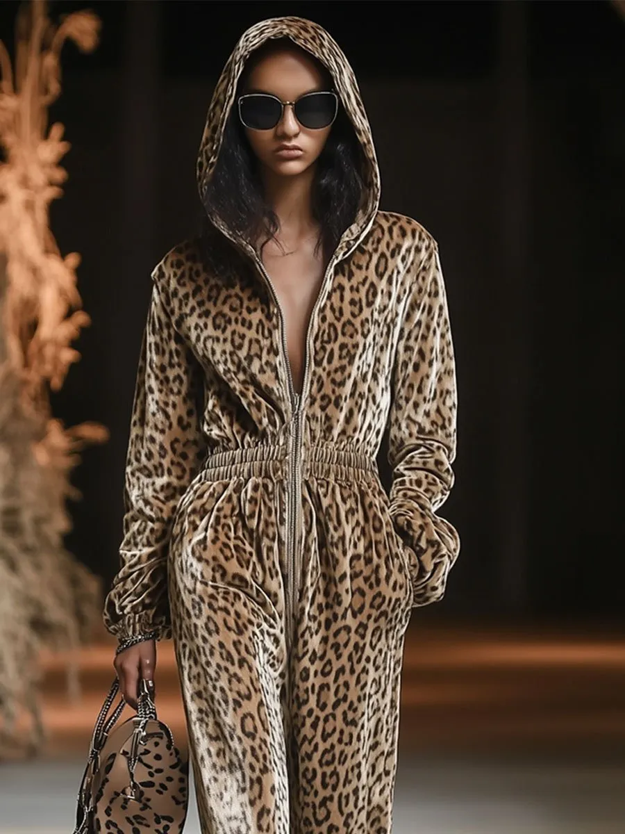 【24-hour shipping out】Casual Loose Vintage Velvet Leopard Print Zipper Hooded Jumpsuit sold by Oyrosy product image thumbnail 3