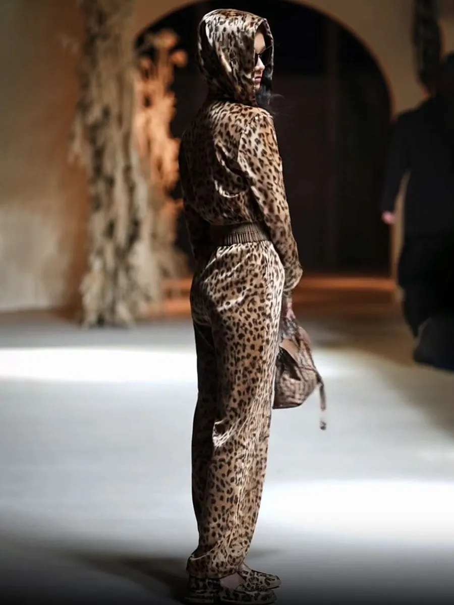 【24-hour shipping out】Casual Loose Vintage Velvet Leopard Print Zipper Hooded Jumpsuit sold by Oyrosy product image thumbnail 2