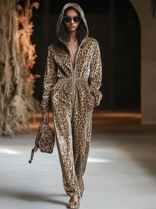 【24-hour shipping out】Casual Loose Vintage Velvet Leopard Print Zipper Hooded Jumpsuit sold by Oyrosy
