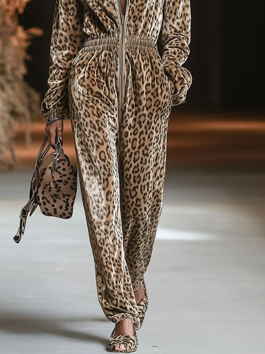 【24-hour shipping out】Casual Loose Vintage Velvet Leopard Print Zipper Hooded Jumpsuit sold by Oyrosy product image thumbnail 4