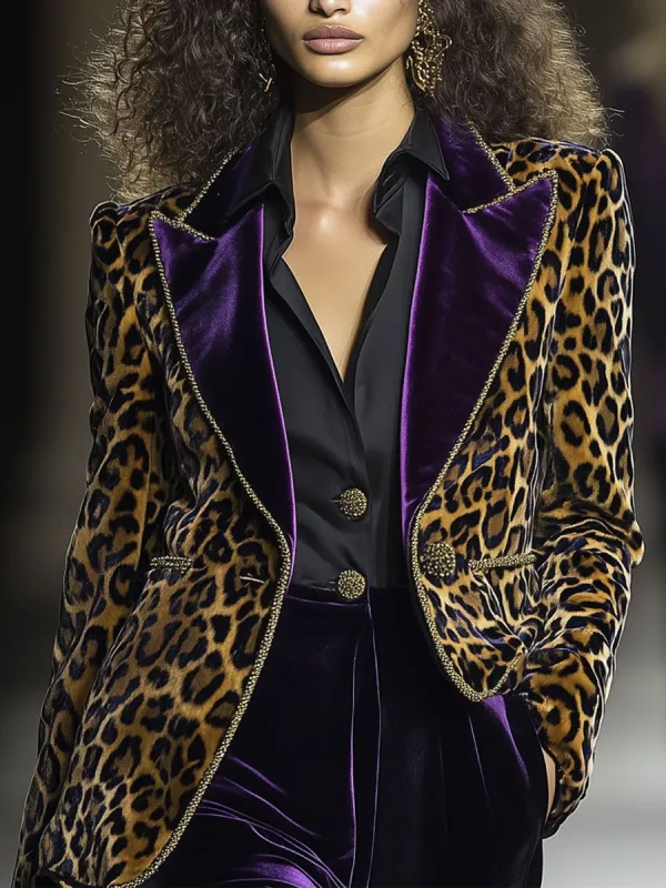 【24-hour shipping out】Casual Vintage Velvet Leopard Print Contrast Lapel Blazer sold by Oyrosy