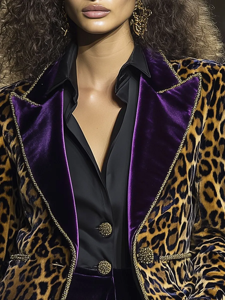 【24-hour shipping out】Casual Vintage Velvet Leopard Print Contrast Lapel Blazer sold by Oyrosy product image thumbnail 3