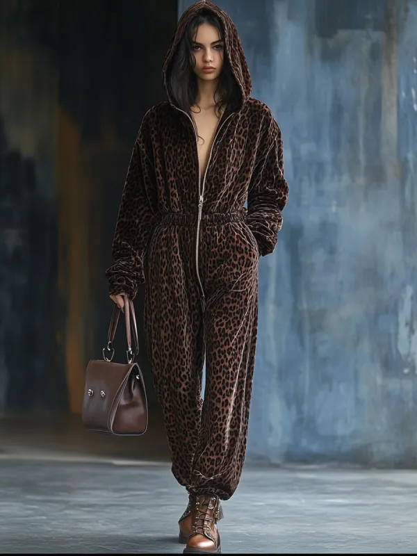 【24-hour shipping out】Casual Loose Vintage Velvet Leopard Print Elastic Waist Zipper Hooded Jumpsuit sold by Oyrosy