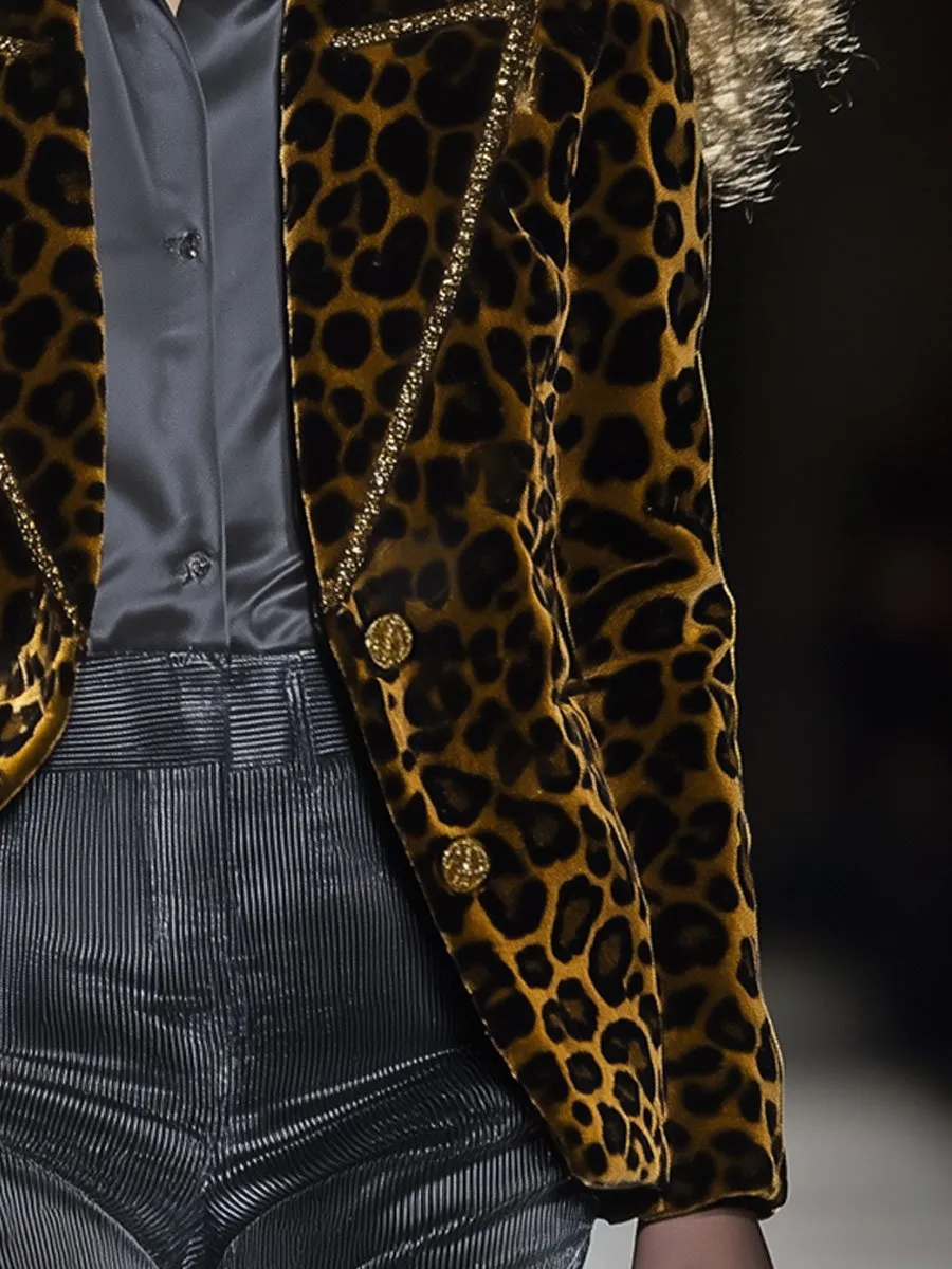 【24-hour shipping out】Casual Fashion Velvet Leopard Print Lapel Gold Edge Blazer sold by Oyrosy product image thumbnail 4