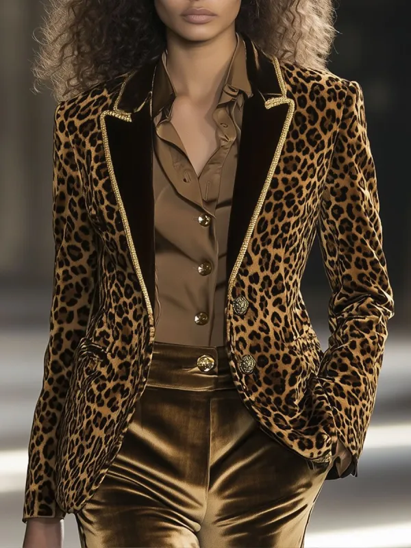 【24-hour shipping out】Casual Fashion Velvet Leopard Print Contrast Lapel Gold Edge Blazer sold by Oyrosy