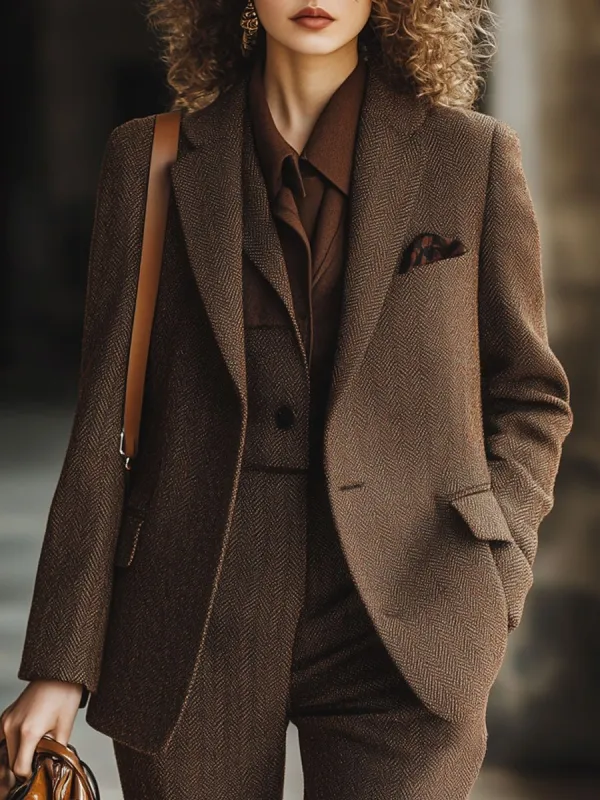 【24-hour shipping out】Casual Loose Simple Herringbone Wool Pocket Blazer sold by Oyrosy