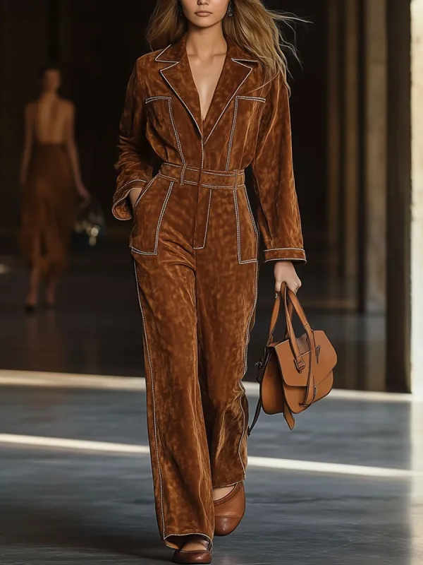 【24-hour shipping out】Casual Loose Vintage Exposed Pocket Long Sleeve Suede Jumpsuit sold by Oyrosy