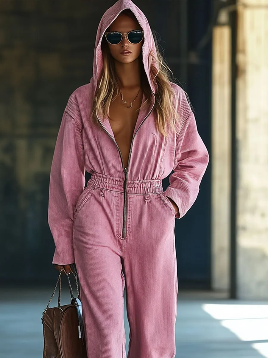【24-hour shipping】Casual Loose Retro Solid Color Corduroy Zipper Hooded Jumpsuit sold by Oyrosy product image thumbnail 2