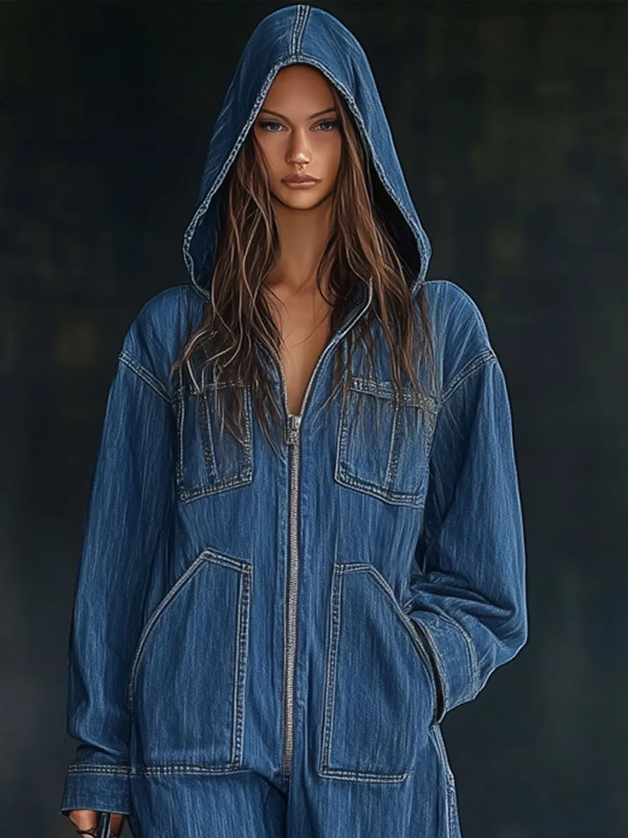 Casual Loose Retro Pocket Long Sleeve Hooded Zipper Denim Jumpsuit sold by Oyrosy product image thumbnail 3