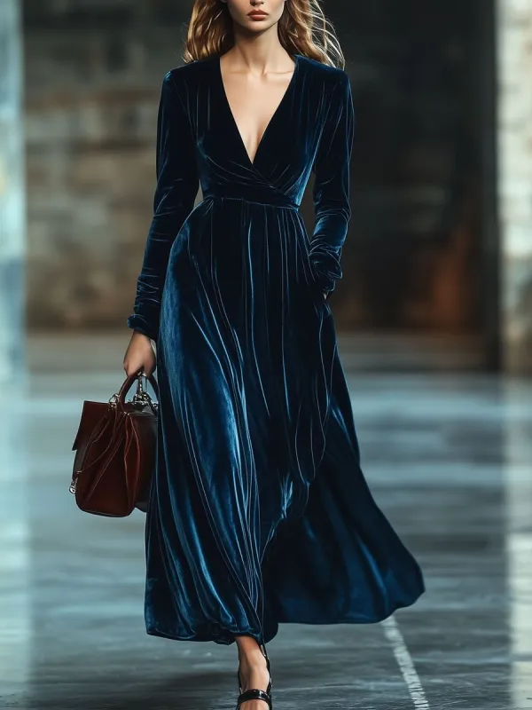 【24-hour shipping out】V-Neck Retro Solid Color Velvet Pocket Long Sleeve Maxi Dress sold by Oyrosy