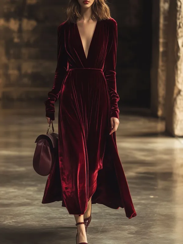 【24-hour shipping out】V-Neck Retro Solid Color Velvet Long-Sleeved Midi Dress sold by Oyrosy
