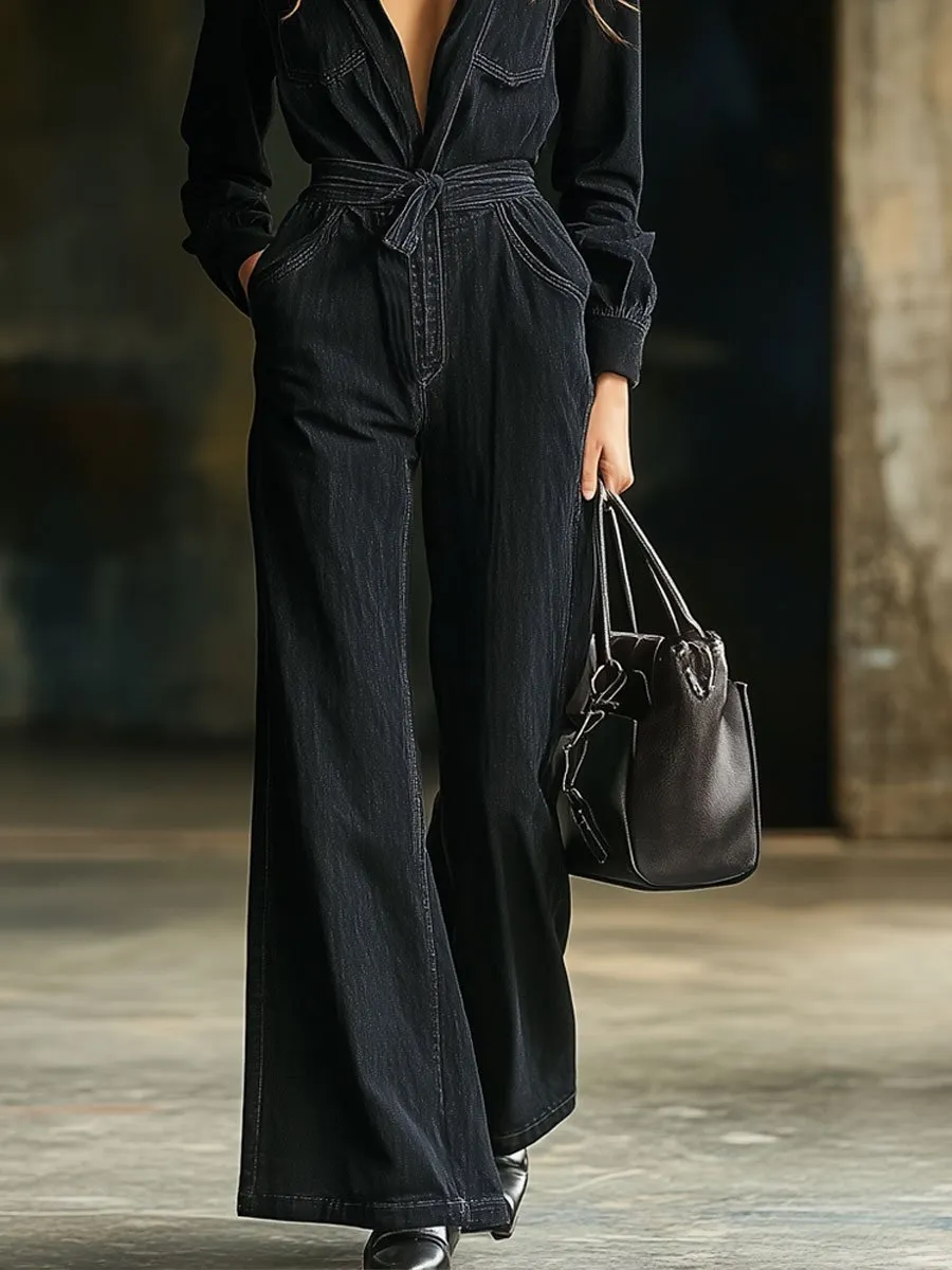 【24-hour shipping out】Casual Multi-Pocket Belted Long Sleeve Black Flared Denim Jumpsuit sold by Oyrosy product image thumbnail 3