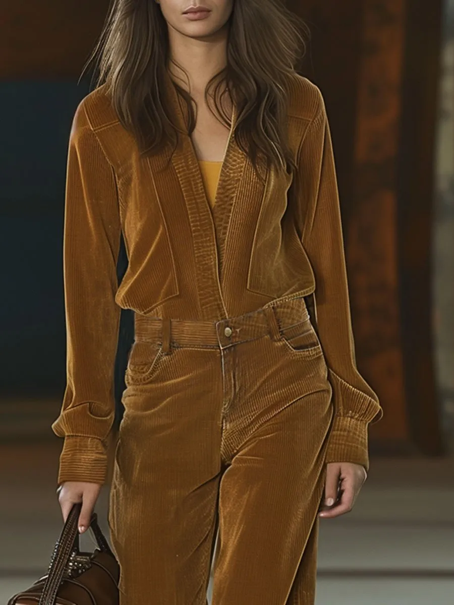 【24-hour shipping out】Casual Loose V-Neck Pocket Long Sleeve Corduroy Jumpsuit sold by Oyrosy product image thumbnail 2