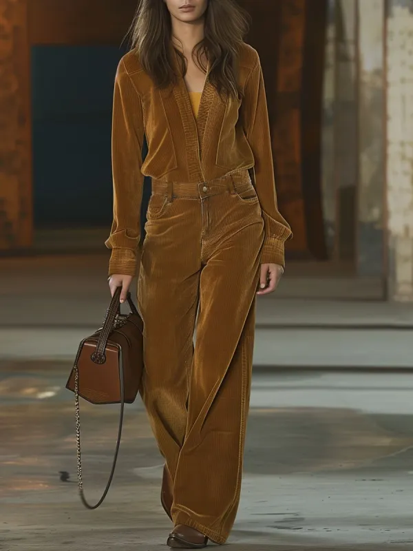 【24-hour shipping out】Casual Loose V-Neck Pocket Long Sleeve Corduroy Jumpsuit sold by Oyrosy
