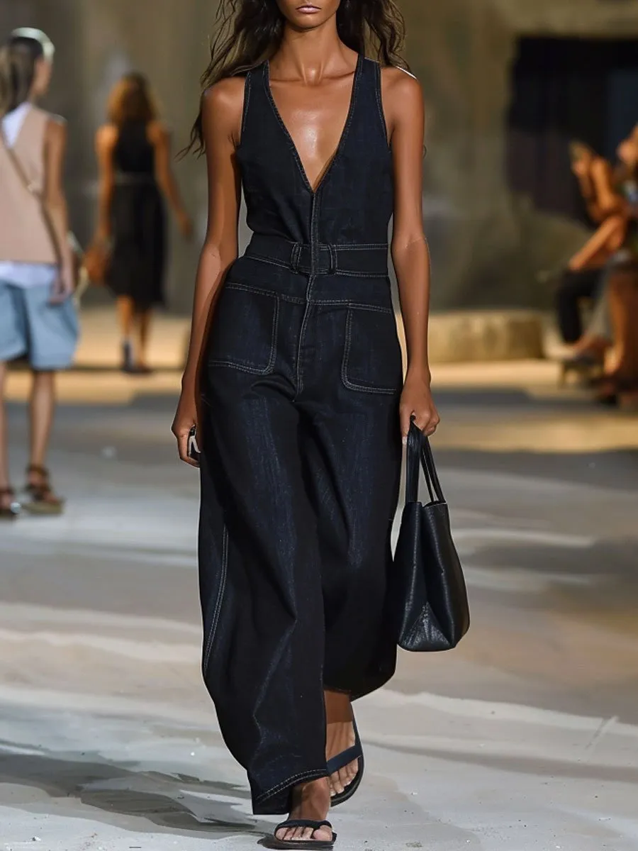 【24-hour shipping out】V-Neck Retro Casual Loose Sleeveless Wide-Leg Denim Jumpsuit sold by Oyrosy