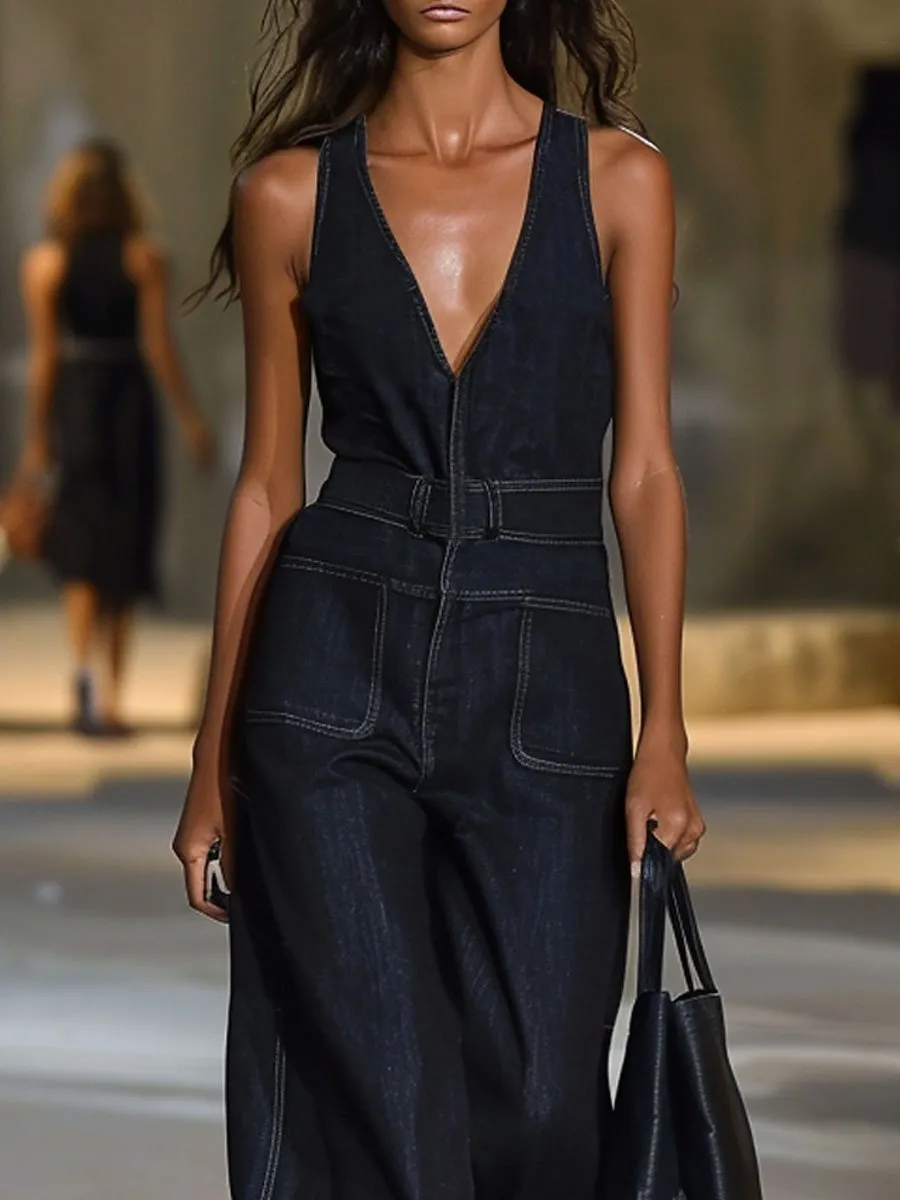 【24-hour shipping out】V-Neck Retro Casual Loose Sleeveless Wide-Leg Denim Jumpsuit sold by Oyrosy product image thumbnail 2