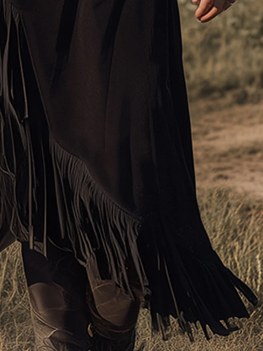 Western-style Retro Embroidered Black Faux Suede Tassel Midi Dress sold by Oyrosy product image thumbnail 4