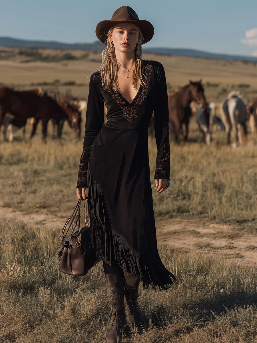 Western-style Retro Embroidered Black Faux Suede Tassel Midi Dress sold by Oyrosy product image thumbnail 2