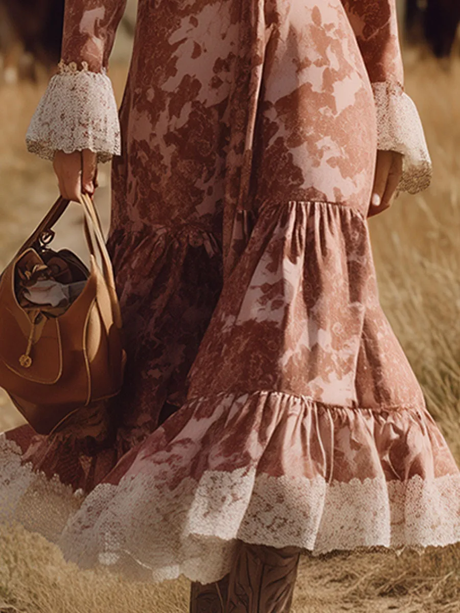 Western-style Retro Pink Cow Print Faux Suede Lace Midi Dress sold by Oyrosy product image thumbnail 4