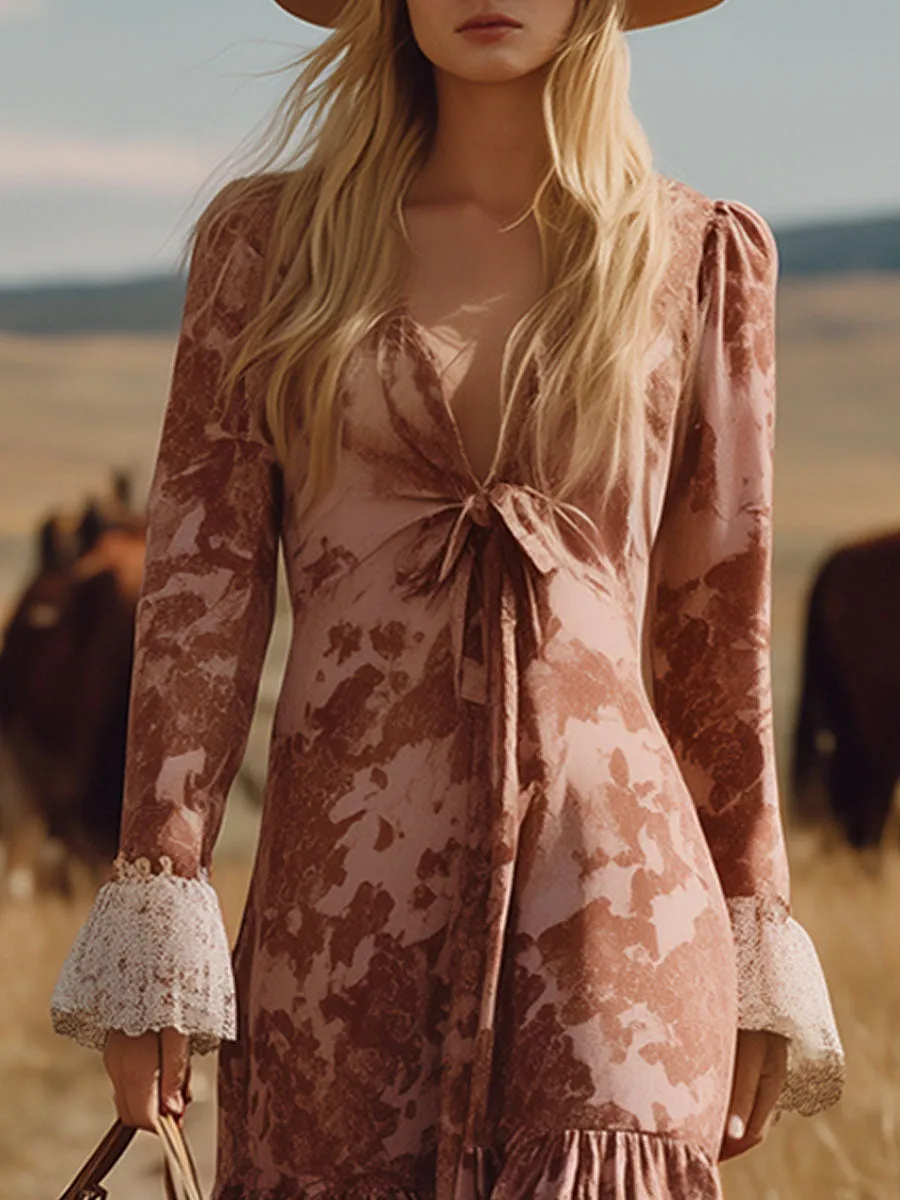 Western-style Retro Pink Cow Print Faux Suede Lace Midi Dress sold by Oyrosy product image thumbnail 3